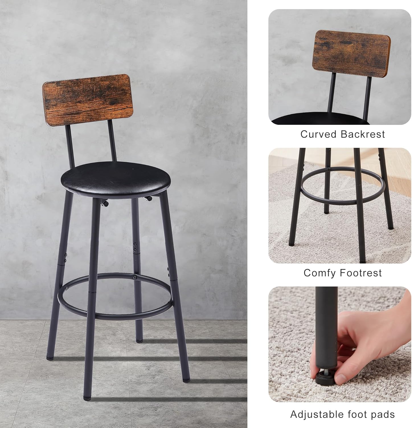 Bar Table and Chairs Set, Sqaure Dining Table Set for 2 with PU Soft Seat and Backrest, Kitchen Table and Chairs for Small Spaces, Kitchen and Bar, Rustic Brown