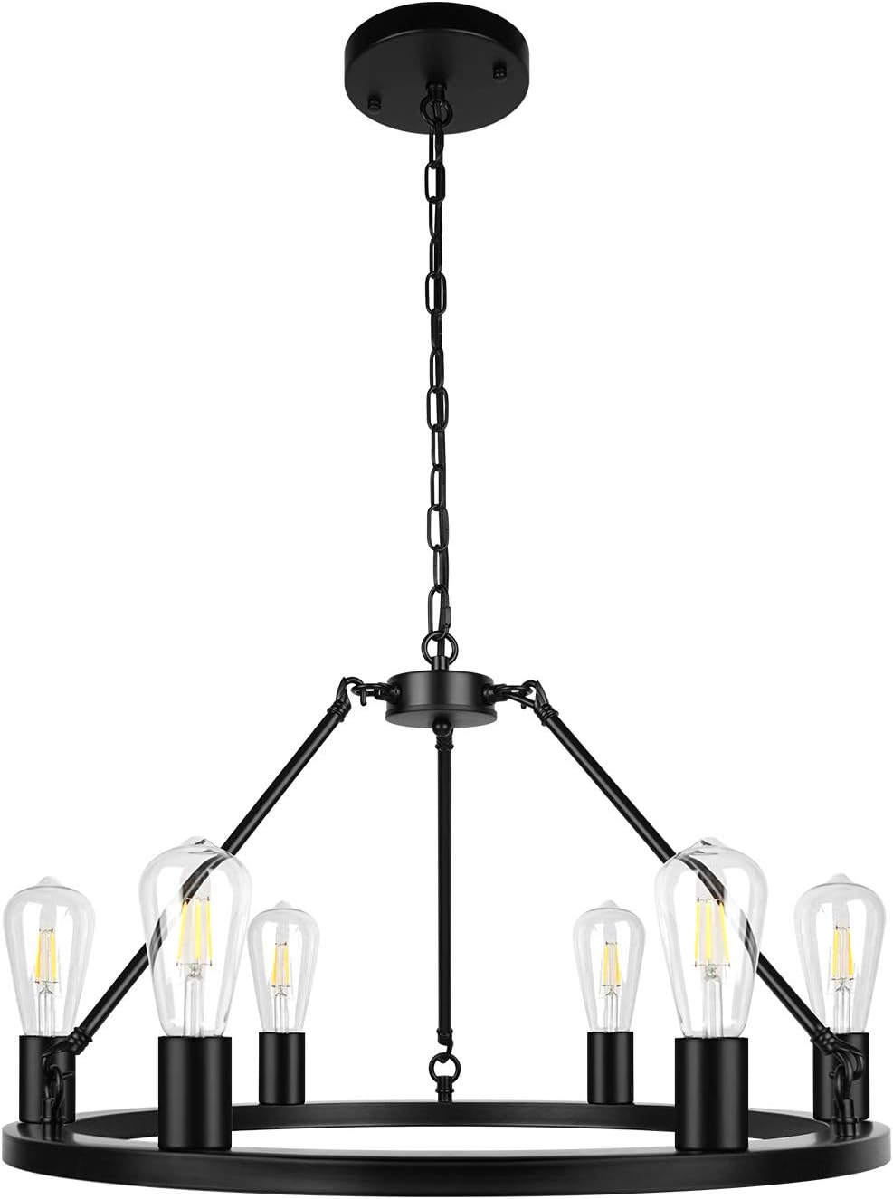 6-Light Black Industrial Farmhouse Chandelier, Wagon Wheel Modern Round Kitchen Island Lighting for Dinning Room Bedroom Foyer