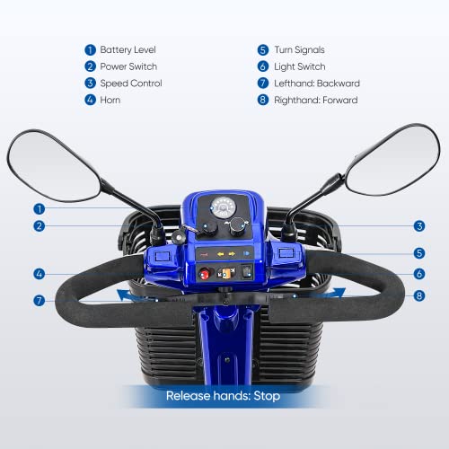 4 Wheel Mobility Scooters with Lights & Rearview Mirror, Power Electric Mobility Scooters for Adult Seniors, 264 lb Capacity Electric Scooter with Basket for Travel, Long Range Battery, Blue