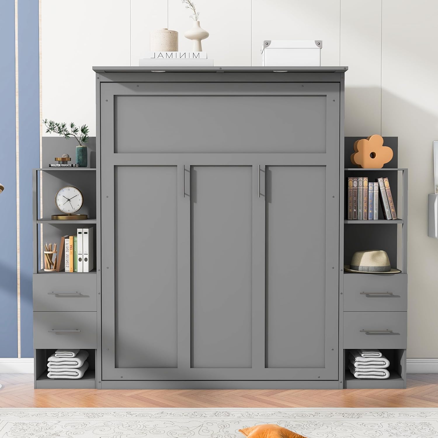 yoptote Queen Size Murphy Bed with Both Side Double Drawers and 2 Four-Layers Open Storage Shelves, Bedframe w/LED Lights & Silver Handle, Can Be Folded into A Cabinet, Space-Saving Design, Grey