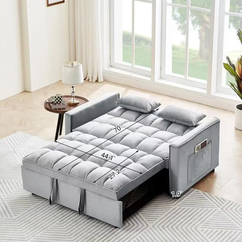 3 in 1 Sleeper Sofa Couch Bed, Modern Velvet Convertible Sleeper Sofa Bed, Small Love seat Sofa Bed with Pull-Out Bed, 2 Pillows and Side Pockets, for Living Room, Apartment, Black