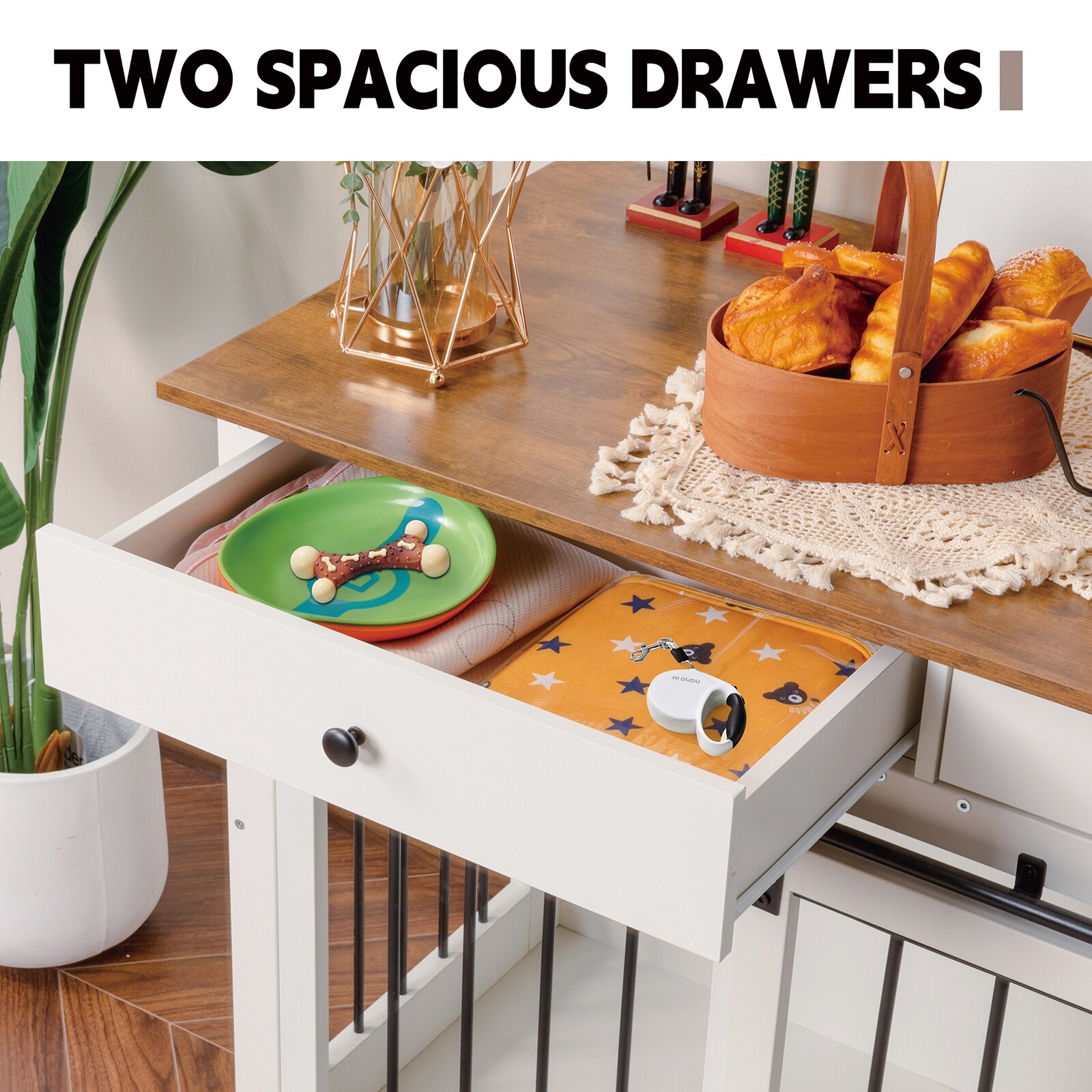 72" Dog Crate Wooden Dog Kennel Furniture with 3 Drawers XXL Heavy Duty Dog Crate