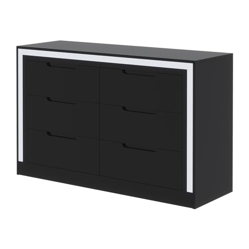 Dresser for Bedroom, 6 Drawer Dresser with LED Light, Black Dressers Chests of Drawers,Organizer Storage Drawers for Hallway, Entryway,Bedroom