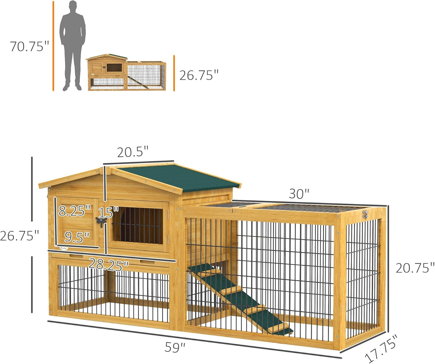 2 Levels Outdoor Rabbit Hutch with Openable Top, 59" Wooden Large Rabbit Cage with Run Weatherproof Roof, Removable Tray, Ramp, Yellow