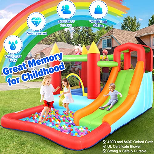 Bounce House with Ball Pit, Inflatable Bouncy House for Kids All in One Jumping Castle, Wide Slide, Ball Pool, Basketball Hoop, Dart Target, Blower Included for Indoor Outdoor Backyard Party