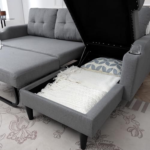 2-in-1 Design Pull Out Sleeper Sofa, Modern Upholstered L-Shaped Sofa with 2 Cup Holders & Side Storage Pocket, 3-Seat Storage Chaise Sectional Sofas for Living Room Office Apartment, Brown