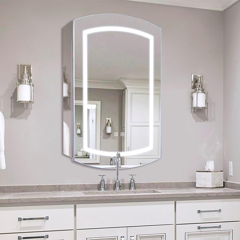 Chende 20" x 31" Bathroom Medicine Cabinet with Mirror, Oval Lighted Medicine Cabinet with Anti fog and 3 Light Settings, Dimmable Stainless Steel Cabinet with Lights for Bathroom