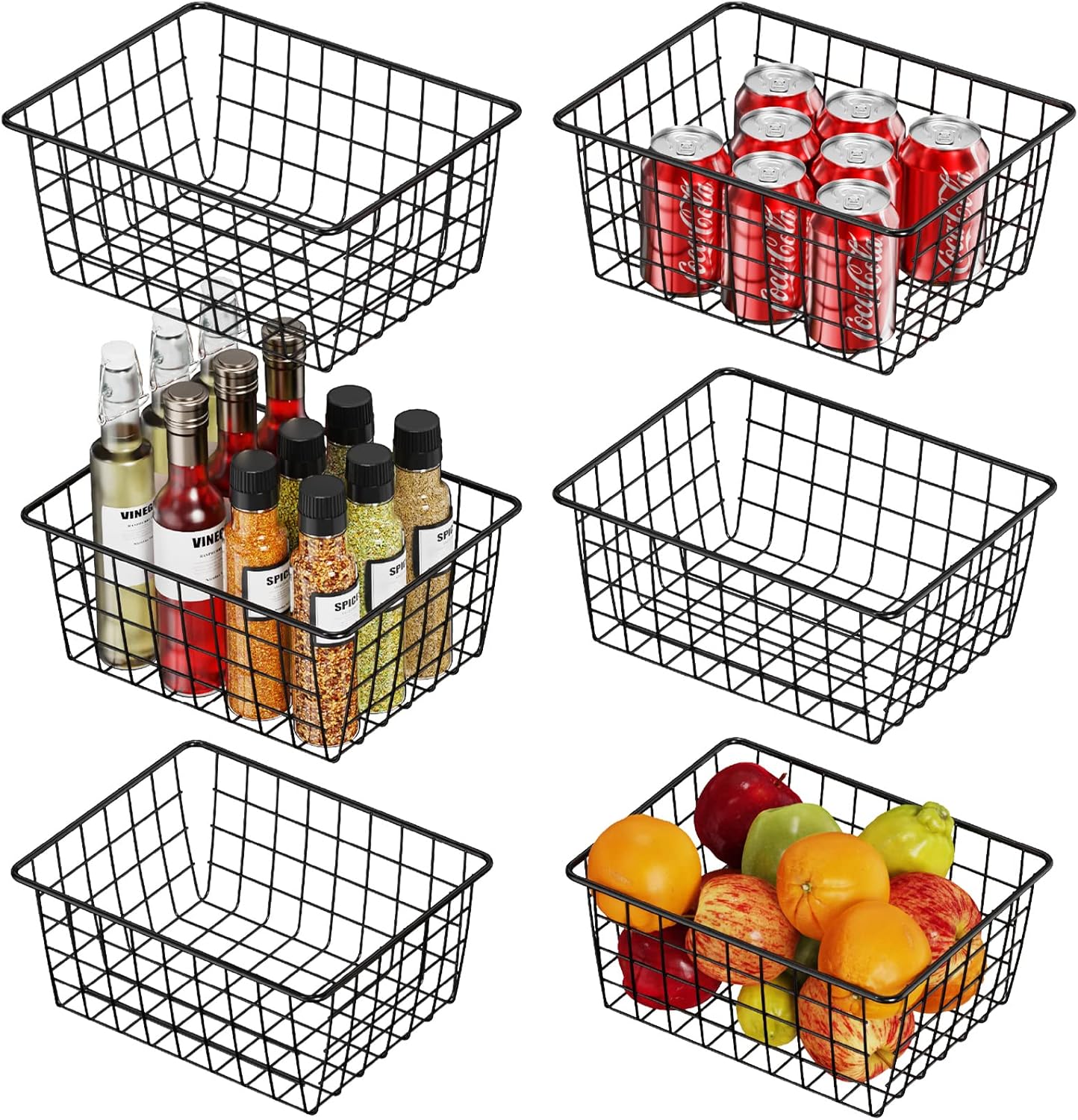 Wire Baskets, Cambond 6 Pack Wire Storage Basket Durable Pantry Baskets for Storage Metal Storage Bins Baskets for Kitchen Cabinets, Pantry, Bathroom, Countertop, Closets (Black, Small) Pack of 2