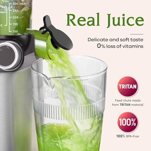 Cold Press Juicer, 200W Masticating Juicer 4.3" Large Feed Chute Fit Whole Fruits Vegetables, Slow Juicer with 2 Auger | Tritan Materials | BPA Free | Easy to Clean with Brush| Juice Recipes