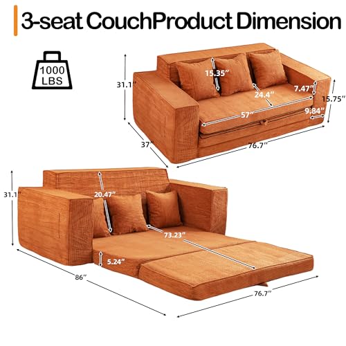 HOMREST 76" Convertible Memory Foam 3-seat Sofa, Pull Out Sleeper Sofa Bed, 2 in 1 Folding Couch Bed, Fold Out Floor Couch Corduroy Fabric with 3 Pillows for Living Room Bedroom Lounge (Grey)