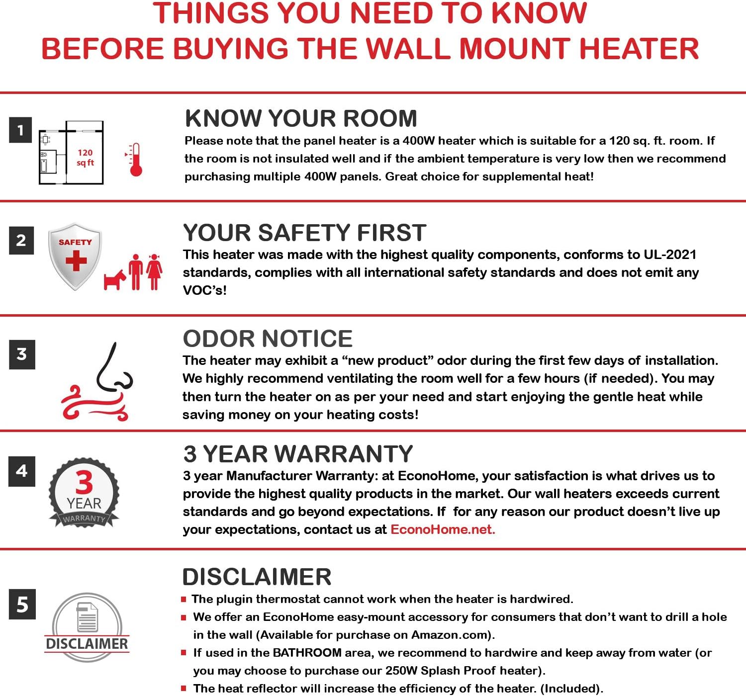 EconoHome Wall Mount Space Heater Panel - with Thermostat and Glass Heat Guard Cover - 400W Convection Heater - For 120 Sq Ft Room - 120V - Save On Your Home Heating Costs - Overheat Protection