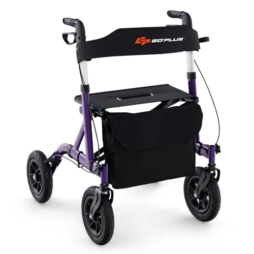 Goplus Rollator Walkers for Seniors with Seat, Foldable Rolling Walker with 9.5” All Terrain Pneumatic Wheel, Supports up to 350 lbs, Heavy Duty Bariatric Rollator Walker for Adult
