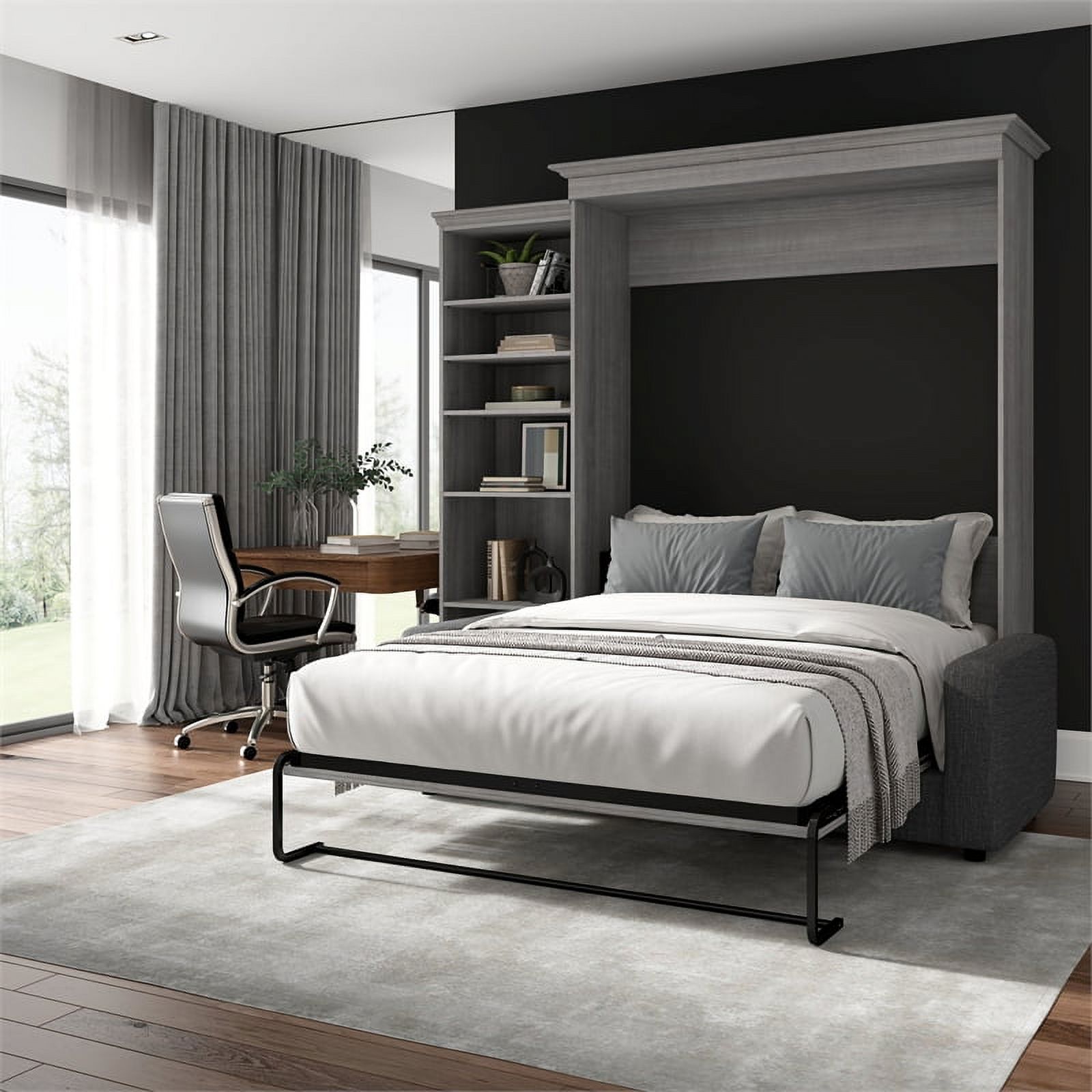Bestar Versatile Engineered Wood Queen Murphy Bed with Sofa & Organizer in Gray