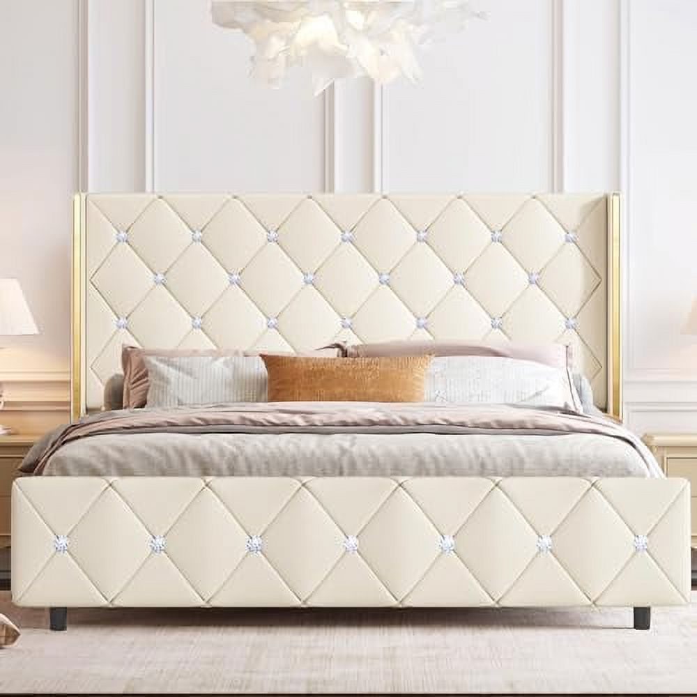 GEROBOOM Full Size Bed Frame  Upholstered Platform Bed with  Tufted Wingback Headboard and Footboard  Heavy Duty Mattress Foundation/Solid Wood Slats/Easy Assembly/No Box Spring Needed  B