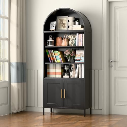 73 in Tall Metal Arched Bookcase, 5-Tier Arched Bookcase with Doors, Modern Farmhouse Bookshelf with 2 Adjustable Shelves, Kitchen Pantry Cabinet for Living Room, Black, Assembly Required