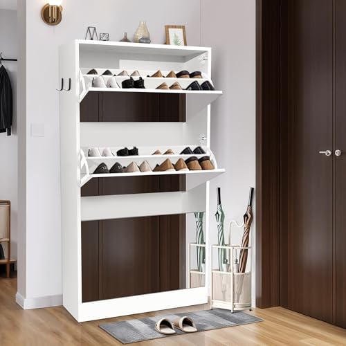 Mirror Shoe Storage Cabinet for Entryway, Narrow Shoe Cabinet Organizer with 3 Tiers, Slim Free Standing Hidden Shoe Cabinet with 3 Flip Drawers for Front Door Entrance, Closet（White）