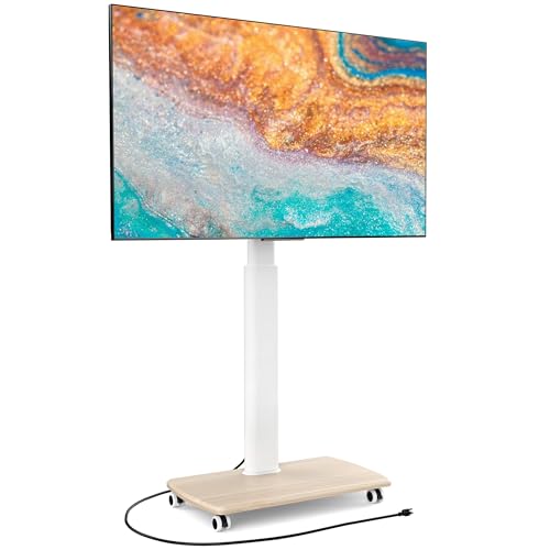 FITUEYES Rolling TV Stand with Power Outlets, Swivel Portable TV Stand for 32-75Inch LCD LED OLED Flat/Curved Panel Screen TVs, Height Adjustable&Wood Base, Mobile TV Cart Holds up to 99Lbs.