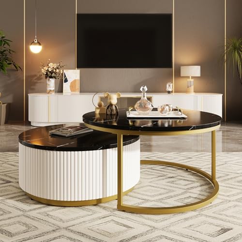 Modern Round Nesting Coffee Table Fluted with Drawer in White & Gold in 31.5''