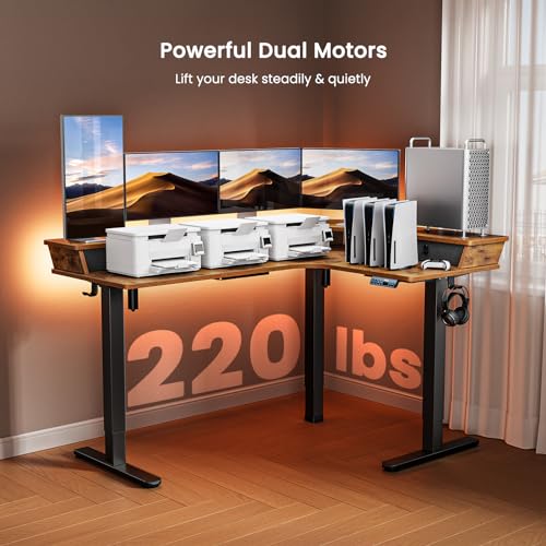 ErGear Electric L Shaped Standing Desk, 65'' Height Adjustable Corner Stand up Desk with Storage Drawers & Cable Management Trays, Modern Home Office Computer Workstation, Black