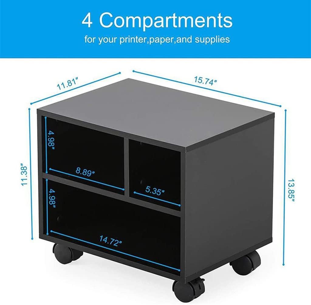 2-Tier Mobile Under Desk Printer Stand, Wood Under Desk Printer Table with Wheels, Small Black Rolling Printer Cart for Home, Office, Scanner, Fax Machine, Computer, Copier