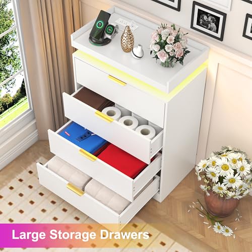 White Dresser with LED Lights, Wooden LED Dresser, 4 Drawer Chest with Charging Station, Tall Chest of Drawer Closet Organizer for Bedroom, Living Room, Entryway, Hallway