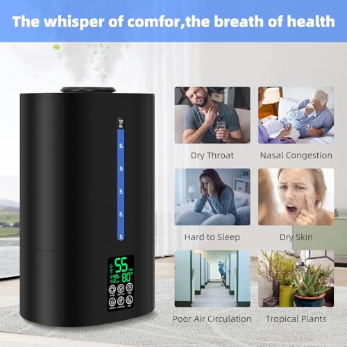 6L Humidifiers for Bedroom Large Room Home, Cool and Warm Humidifiers for Baby and Plants Mist Top Fill Desk Humidifiers Essential Oil Diffuser, Quiet with Adjustable Mist,360°Nozzle-Black