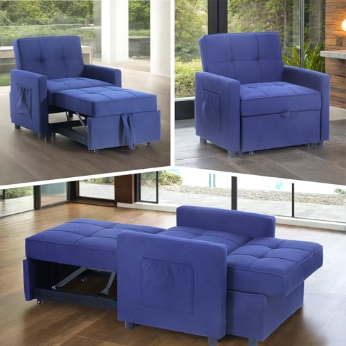 3 in 1 Convertible Sleeper Sofa Bed Pull Out Couch Futon Loveseat Velvet Chaise Lounge with 2 Pockets and 2 Pillows for Living Room, Blue