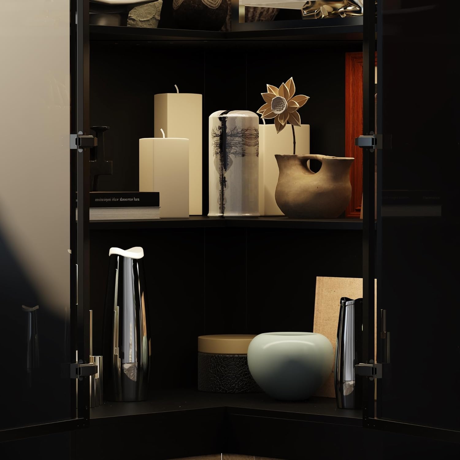 AIEGLE Corner Storage Cabinet with Glass Door and Light, L Shaped Display Cabinet with 2 Doors and 4 Shelves, Modern Bookcase Curio Cabinet for Living Room, Home Office, Black, 31.5"L x 31.5"W x 63"H