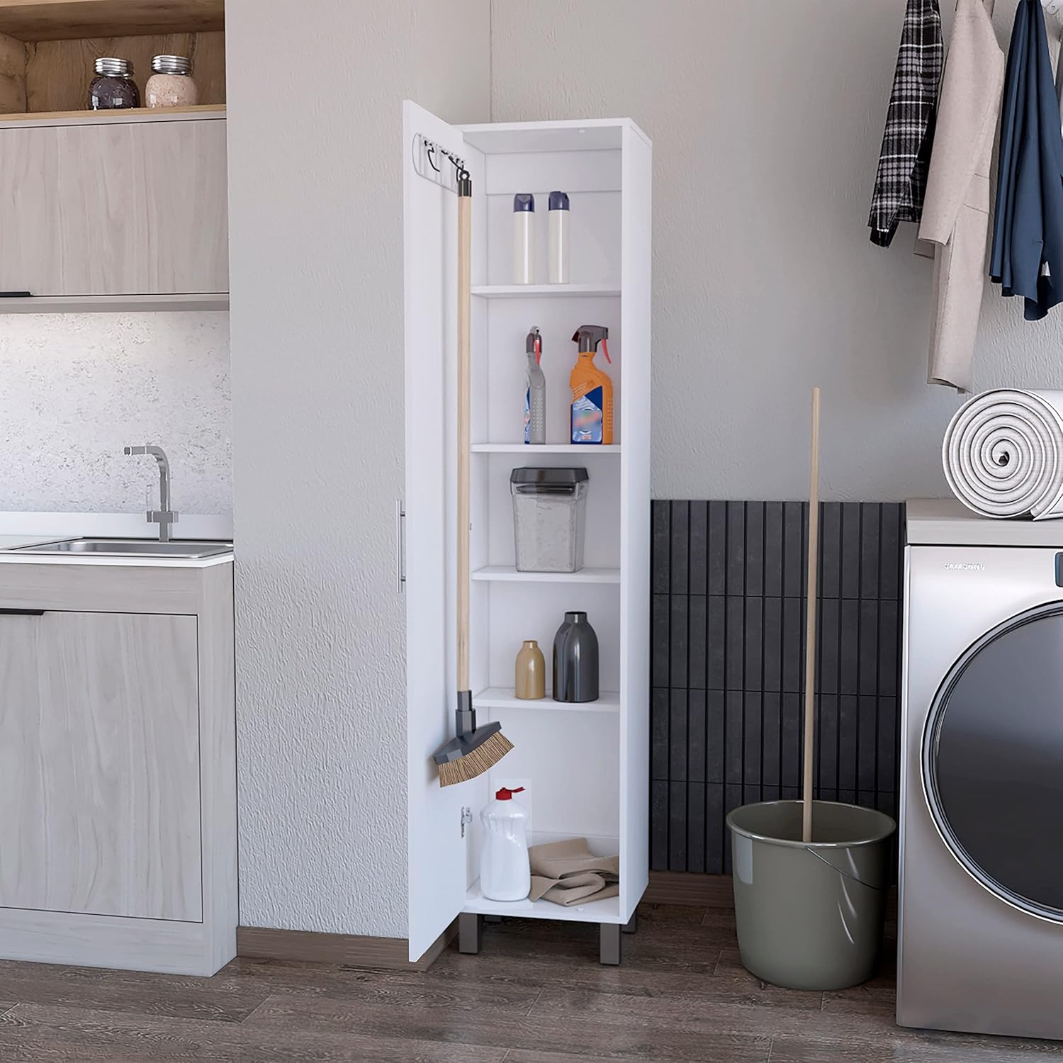 Lawen Tall Storage Cabinet, Single Door, 3 Broom Hangers,White -Kitchen