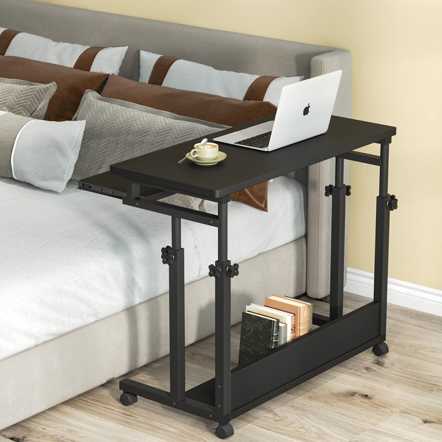Tribesigns Height Adjustable Computer Desk Sofa Bed Table, Small Rolling Laptop Cart with Keyboard Tray, Black