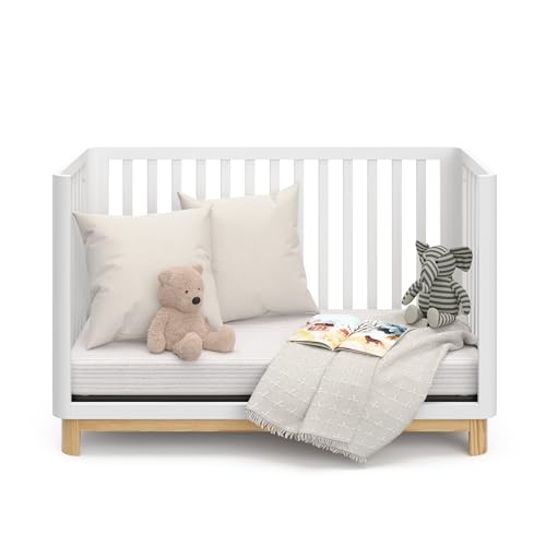 Storkcraft Santos 3-in-1 Convertible Crib (White with Natural) – GREENGUARD Gold Certified, Fits Standard Crib Mattress, Converts to Toddler Bed, Modern Style, Rounded Designer Details