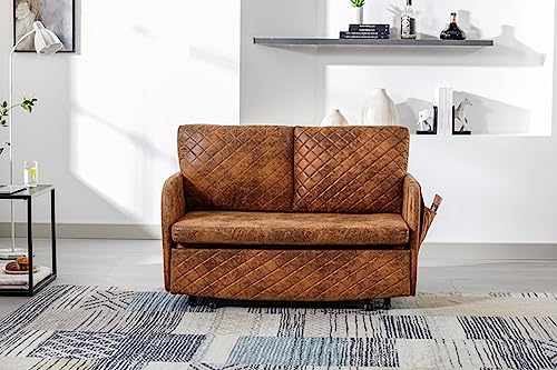 Convertible Sleeper Sofa Bed, 46" Modern Velvet Loveseat Couch with Pull Out Bed, Small Love Seat Futon Sofa Bed with Headboard, 2 Pillows & Side Pockets for Living Room Bedroom, Light Grey