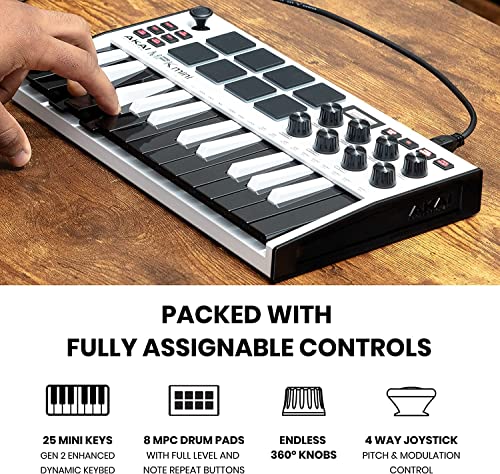 Akai MPK Mini MK3 MIDI Keyboard Controller + M-Audio SP2 Sustain Pedal, with MPC Beats and Software Suite – Beat Maker Bundle (White)
