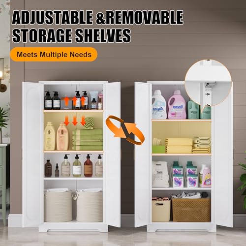71" Tall Metal Storage Cabinet, Kitchen Pantry Storage Cabinets with Doors and 4 Shelves, White Pantry Cabinet, Utility Kitchen Cupboard, Large Steel Cabinets for Dining Room, Office, Living Room