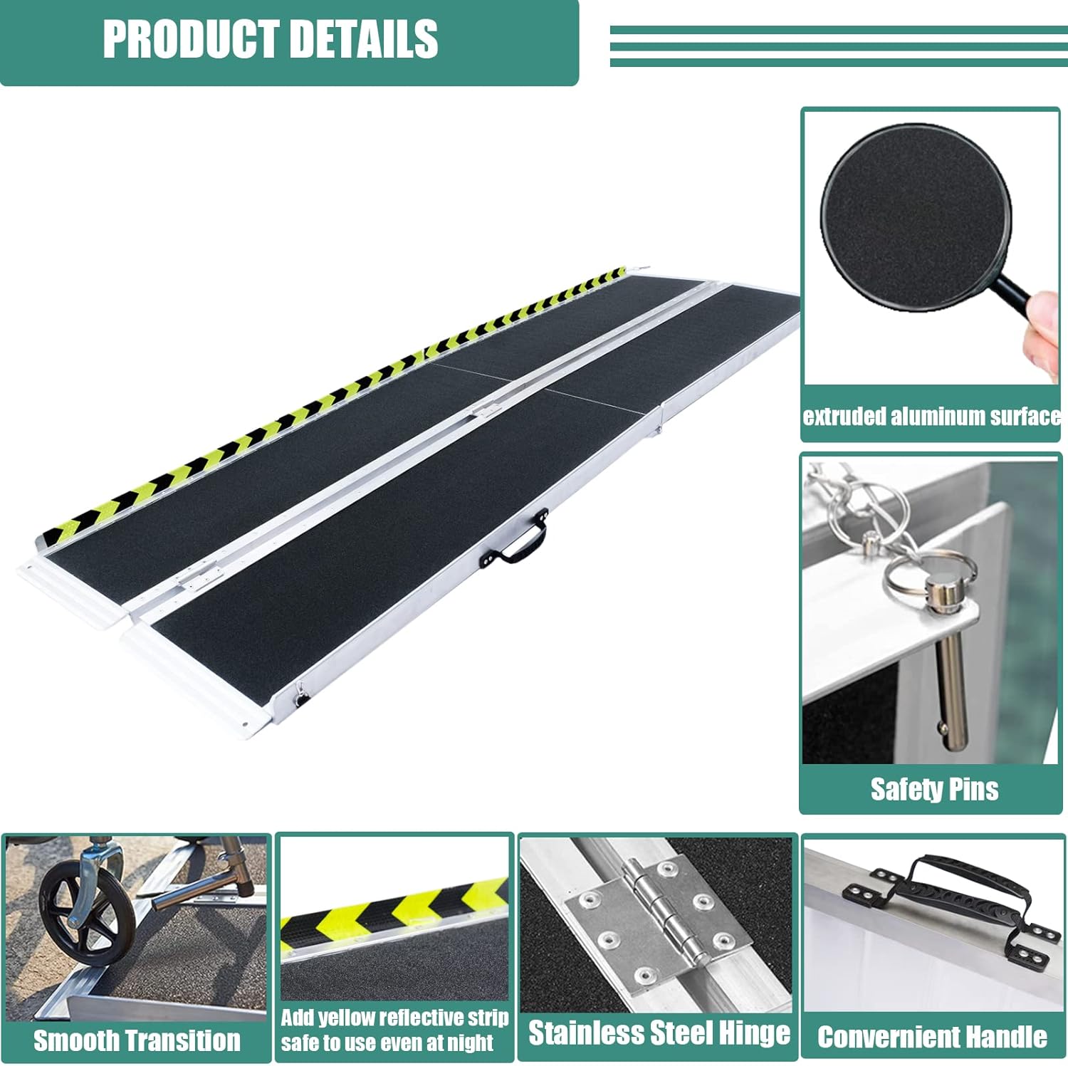 Non-Skid Aluminum Portable Folding Wheelchair Ramp, Threshold Ramp with a Slip-Resistant Surface, Handicap Ramp for Home, Steps, Stairs, Doorways (Portable,8 Foot)