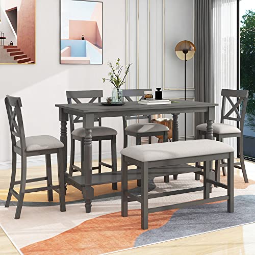 UBGO 6 6,6-Piece Counter Height Set Table with Shelf 4 Chairs and Bench for for Kitchen, Dining Room,Breakfast Corner, Gray-b
