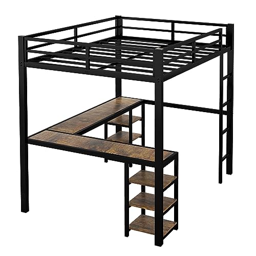 Full Size Loft Bed with Desk and Storage Shelves, Heavy Duty Metal Loft Bed with L-Shaped Desk and Ladder, Full Size Loft Bed for Kids, Teens(Black Desk Full Loft Bed)
