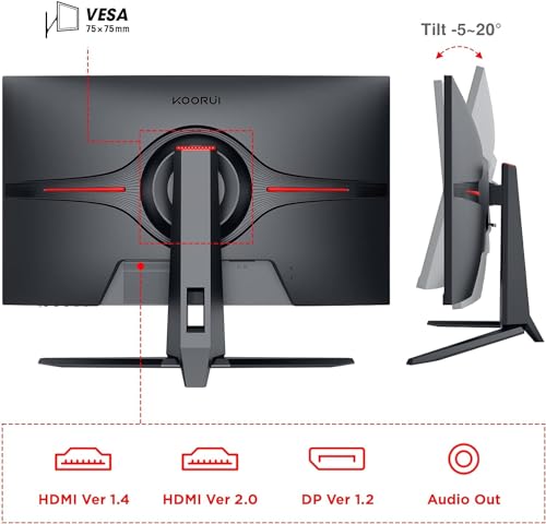 KOORUI 24.5” FHD 1920x1080p VA Gaming Monitor, 170Hz, 1ms, Adaptive Sync, 2xHDMI(144Hz) & DisplayPort(170Hz), sRGB 99%, 75 * 75mm VESA, Tilt Adjustable, Eye Care, Black