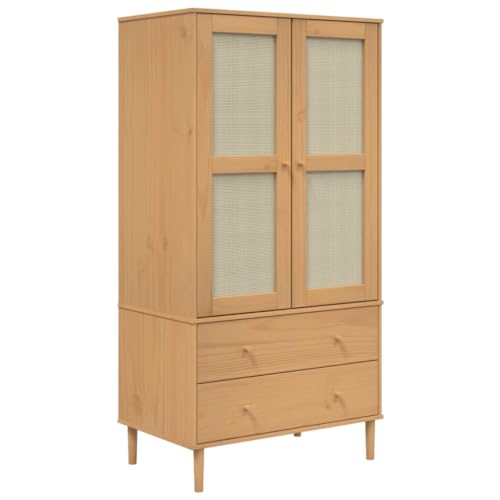 Wardrobe Rattan Look Brown 35.4"x21.7"x68.9" Solid Wood Pine,Pine Wood Wardrobe with Ample Storage and Rattan Look for Boho Decor Armoires & Wardrobes for Bedroom