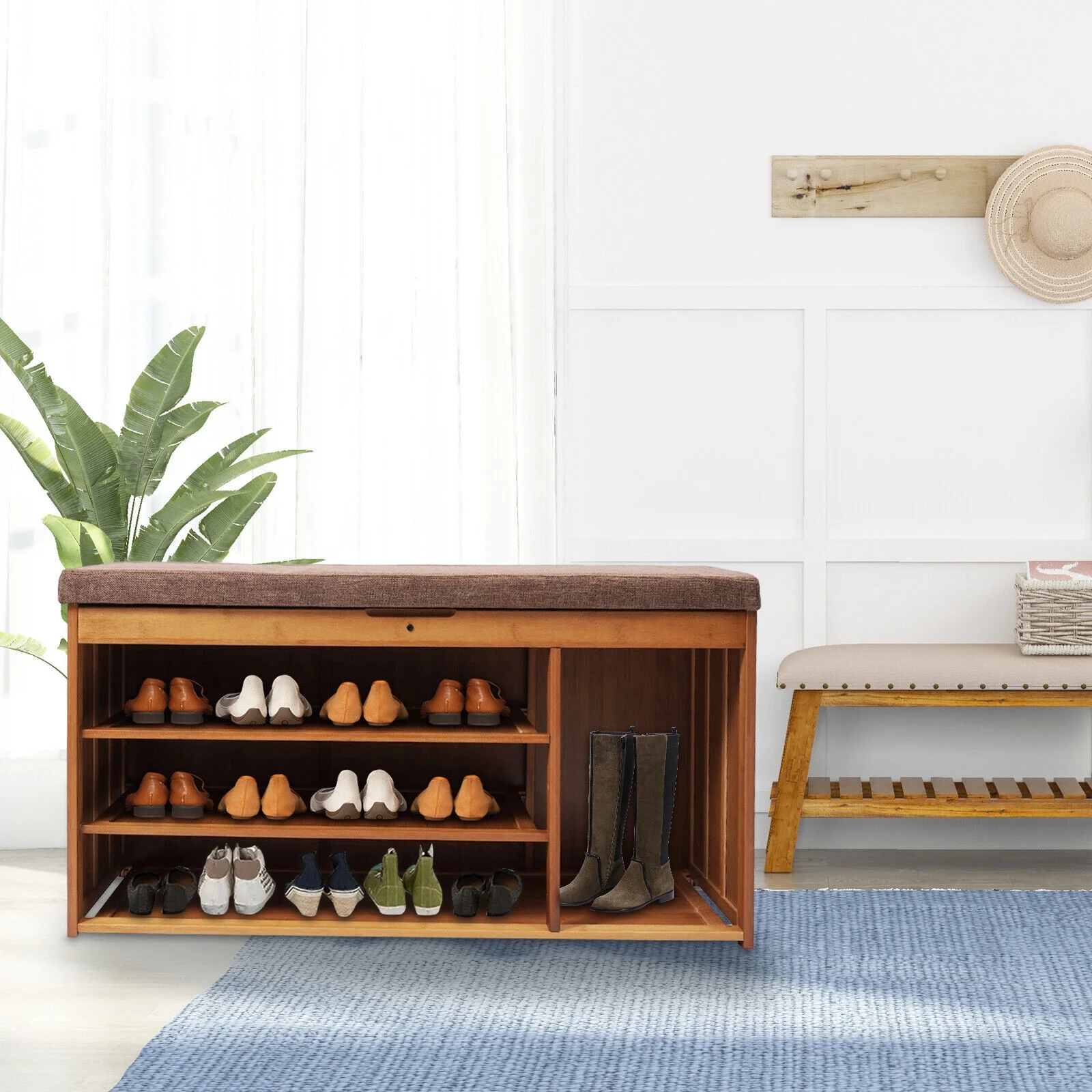 3 Tier Brown Shoe Bench Bamboo Shoe Rack Storage Cabinet Organizer W/Cushion for Entryway Bedroom