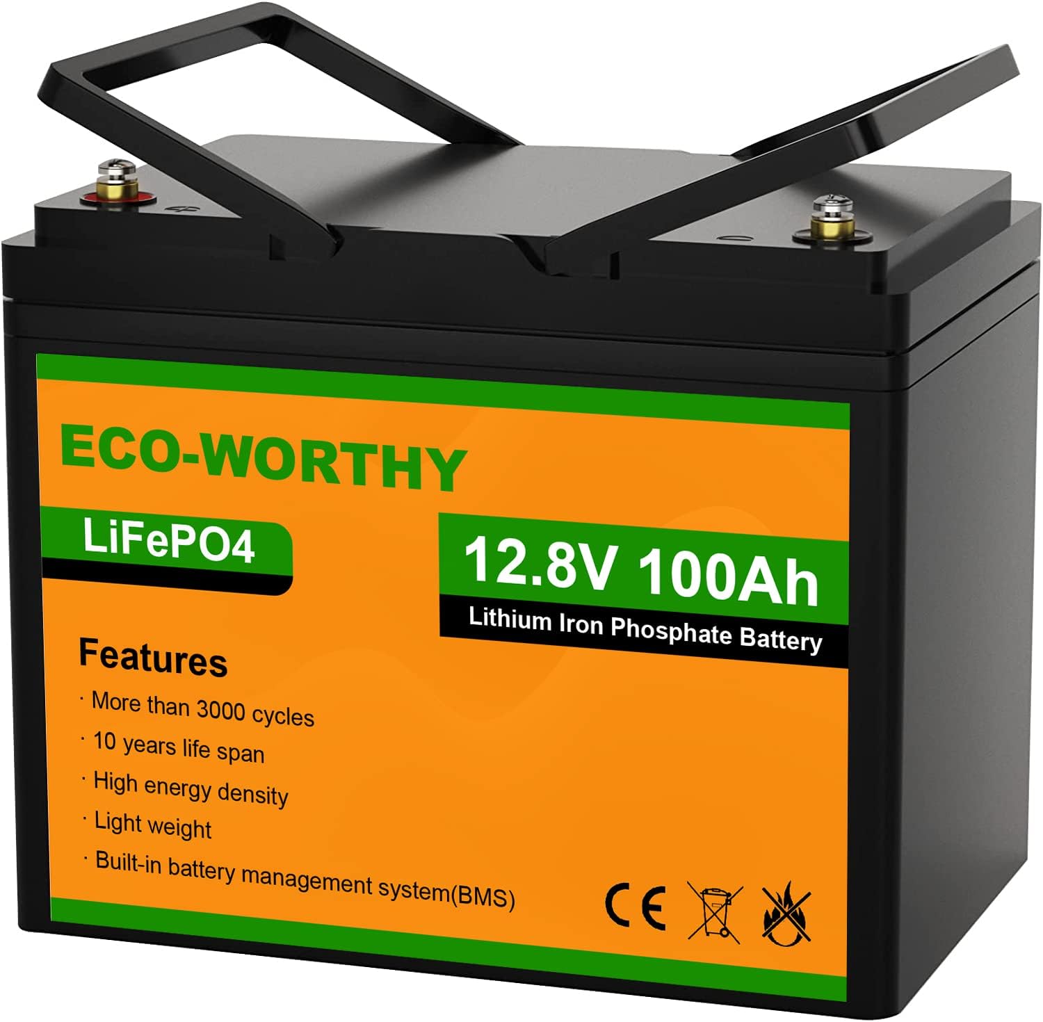 ECO-WORTHY 12V 100AH LiFePO4 3000+ Cycle Lithium Iron Phosphate fast charging Battery with BMS, Rechargeable battery for RV, Camping, Marine, Backup power, Solar Home Off-Grid System