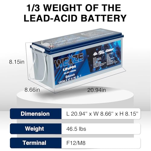 Weize 12V 100Ah TM LiFePO4 Lithium Battery, Built-in Smart BMS, Group 31 Deep Cycle Battery Perfect for Trolling Motor, RV, Solar, Marine, Overland/Van, and Off Grid Applications