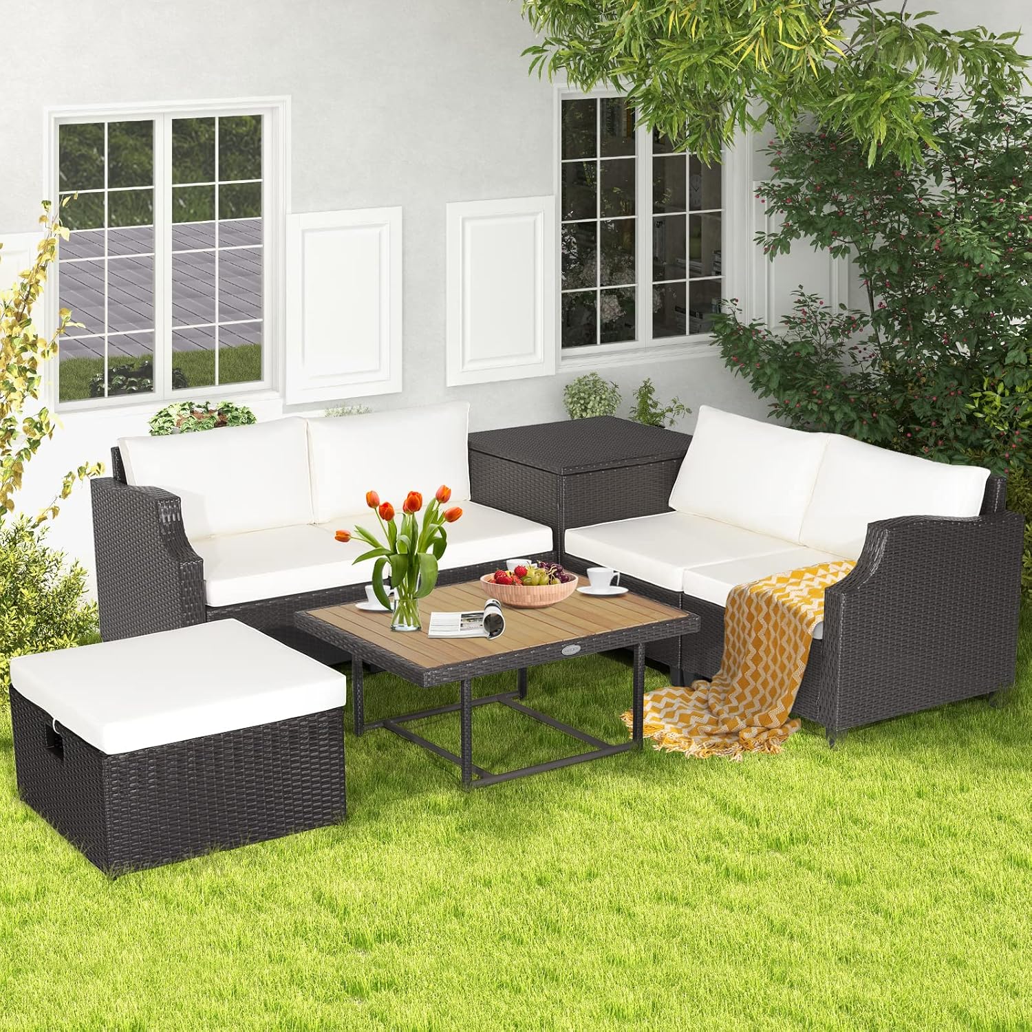 COSTWAY 7pcs Patio Outdoor PE Wicker Cushioned Furniture Conversation Set Sectional Sofa