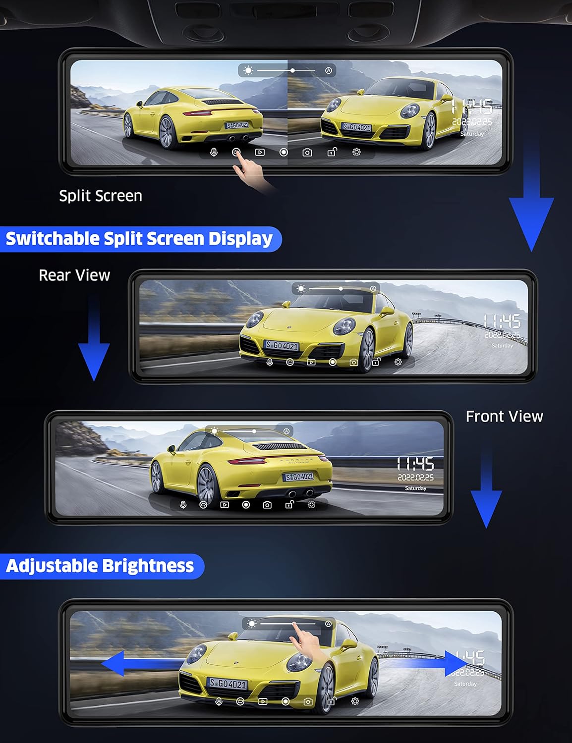 LAMTTO Mirror Dash Cam 11 inch with Adjustable Front Camera, Waterproof Rear View Mirror Backup Camera for Car, 170° Wide Angle 1080P Touch Screen Dual Dash Cam w/s Night Vision, Parking Assistance
