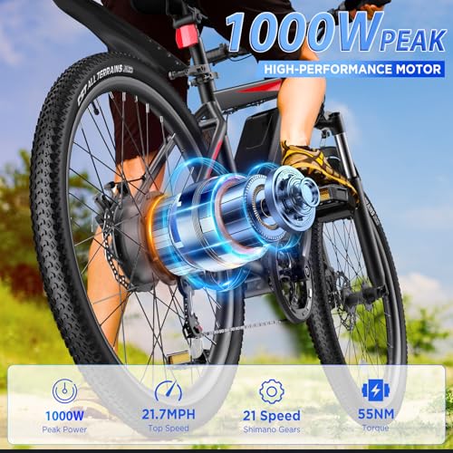 Electric Bike for Adults, 26'' 1000W Peak Ebike, Up to 50 Miles 21.7MPH Electric Mountain Bike with 48V 374.4WH Removable Battery, Adjustable Stem, Fenders, Lockable Suspension Fork, 21-Speed