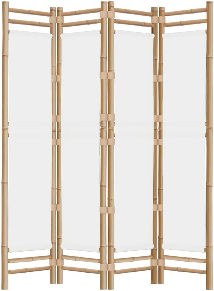 Folding 4-Panel Room Divider 63" Bamboo and Canvas,Bamboo Room Divider for Privacy and Style, Foldable Partition for Any Room, Cream White Furniture for Bedroom