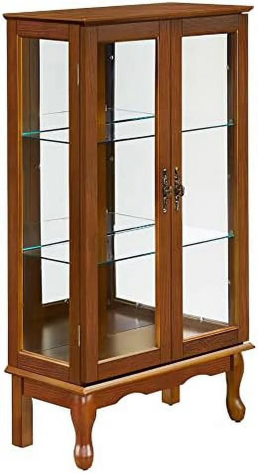 KHBIULIFE 3- Lighted Curio Glass Display Case with 2 Doors Wooden Shelving Unit Cabinet with Adjustable Shelves and Mirrored Back Panel for Living Room Office Bedroom (Oak - Bulbs not Inc