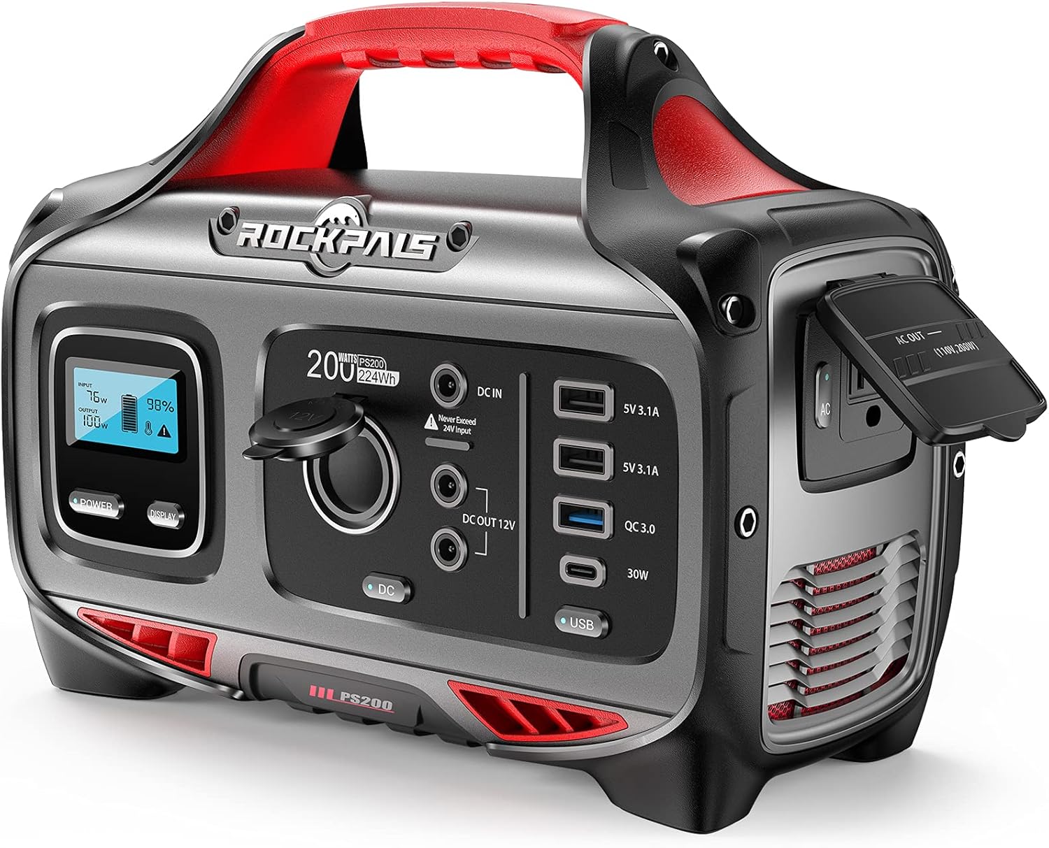 ROCKPALS Portable Power Station 200W, 224Wh Solar Generator with 110V/200W Pure Sine Wave AC Outlet, USB-C PD Input/Output, 62400mAh CPAP Lithium Battery Pack for Camping Travel Hunting Emergency