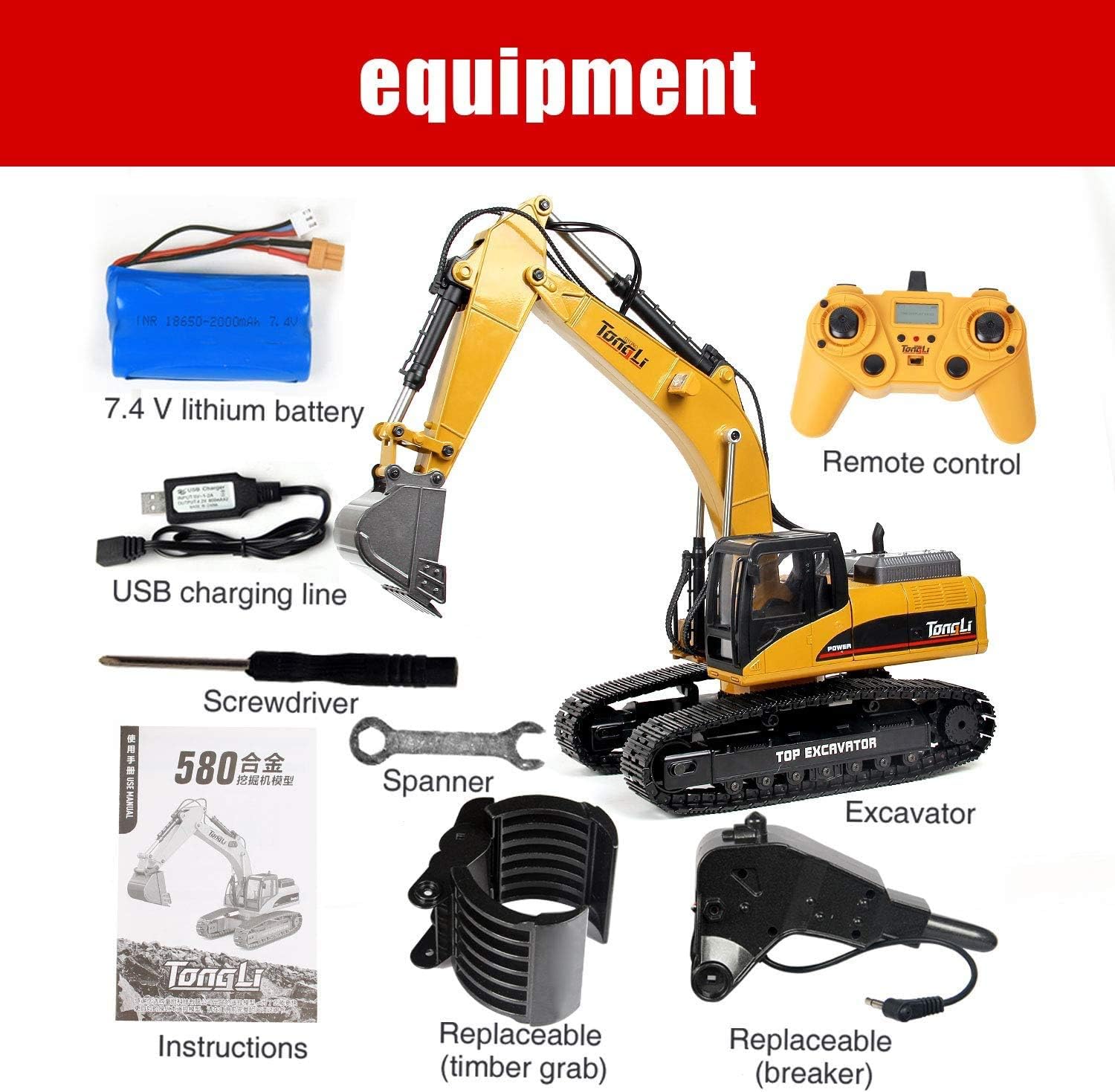Huina RC Excavator for adults1580 Tongli V4 Full Metal RC Excavator Adult huina 580 Construction Vehicle Professional Remote Control Tractor Toy with 2 Batteries and Decals (V4 Excavator-2Battery)