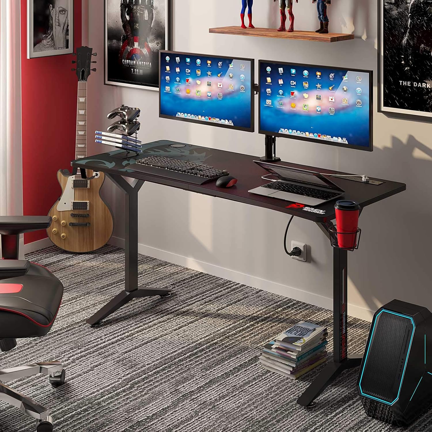 Seven Warrior Gaming Desk 55INCH with Power Outlet & Dual Monitor Mount, Carbon Fiber Surface Computer Gamer Desk with Full Desk Mouse Pad, Ergonomic Y Shaped Gamer Table with Outlet Organizer